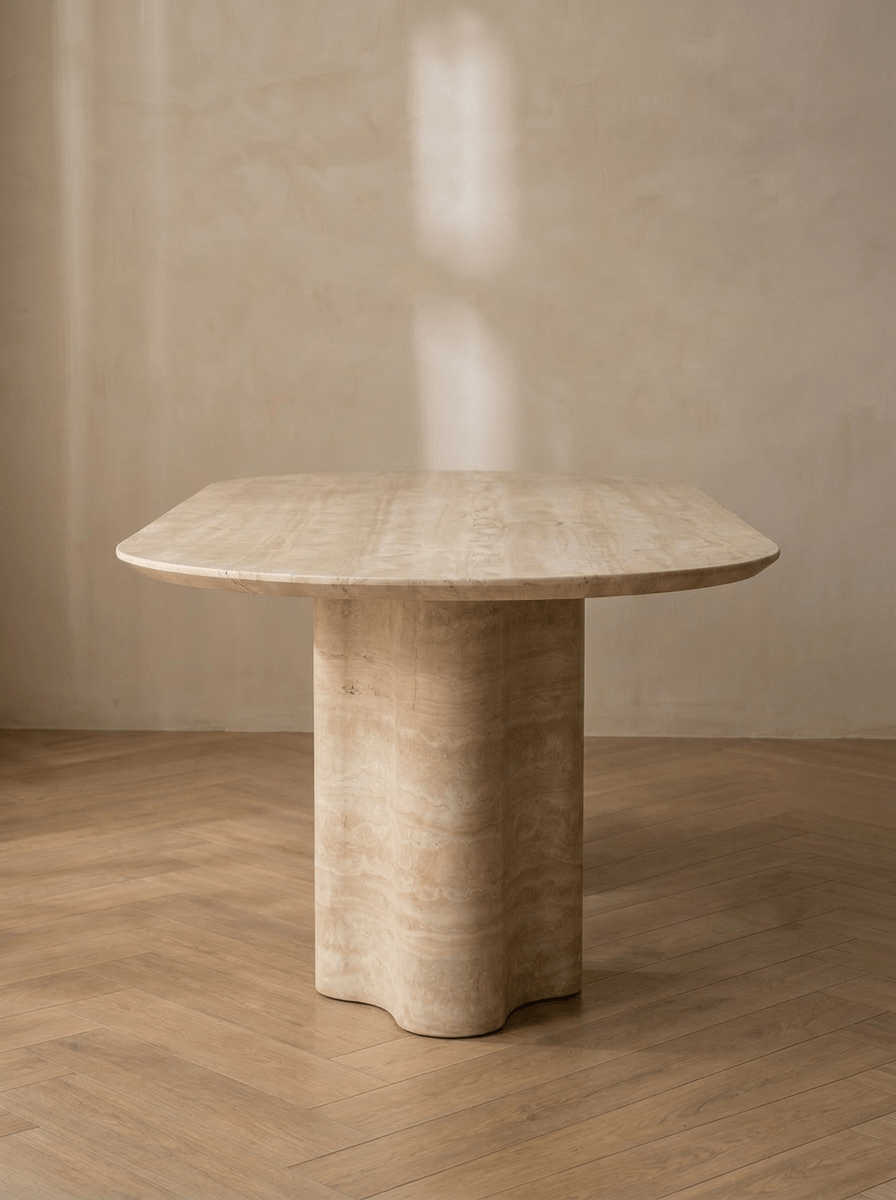 Ripple Dining Table travertine detail | Natural stone veining and sculptural base | fform