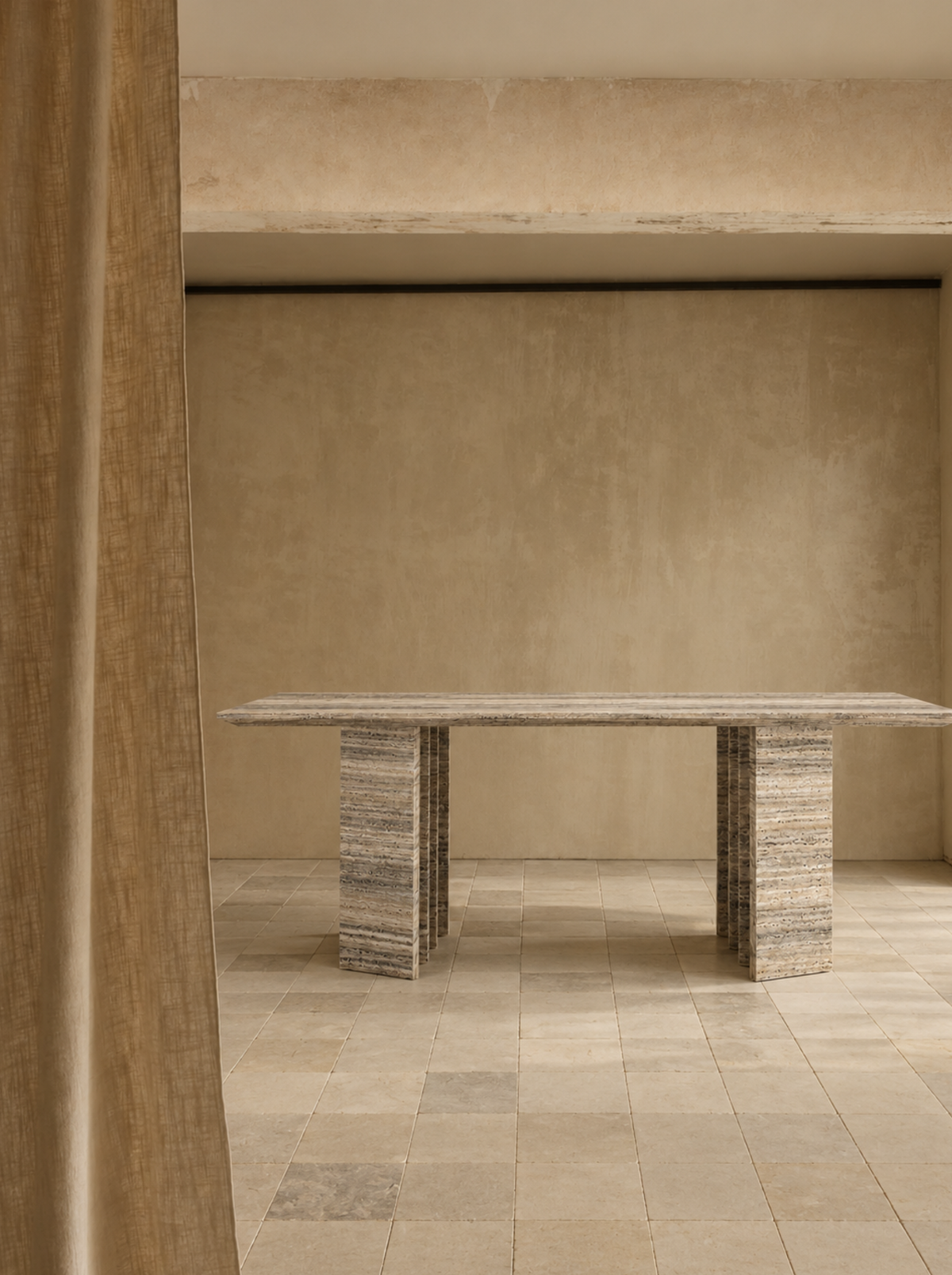 Ribbon Dining Table in Silver Travertine, in situ