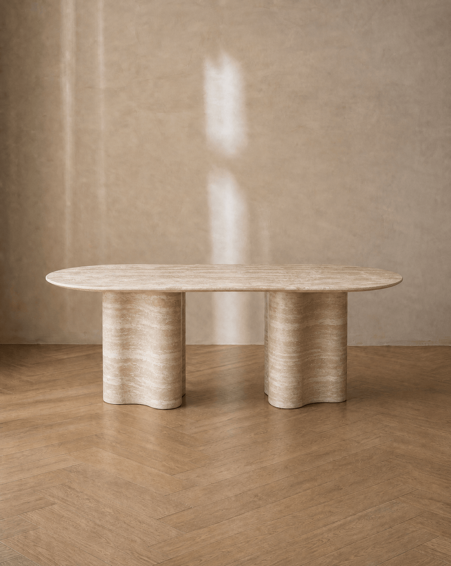 Ripple Dining Table travertine front view | Sculptural column base dining table | fform