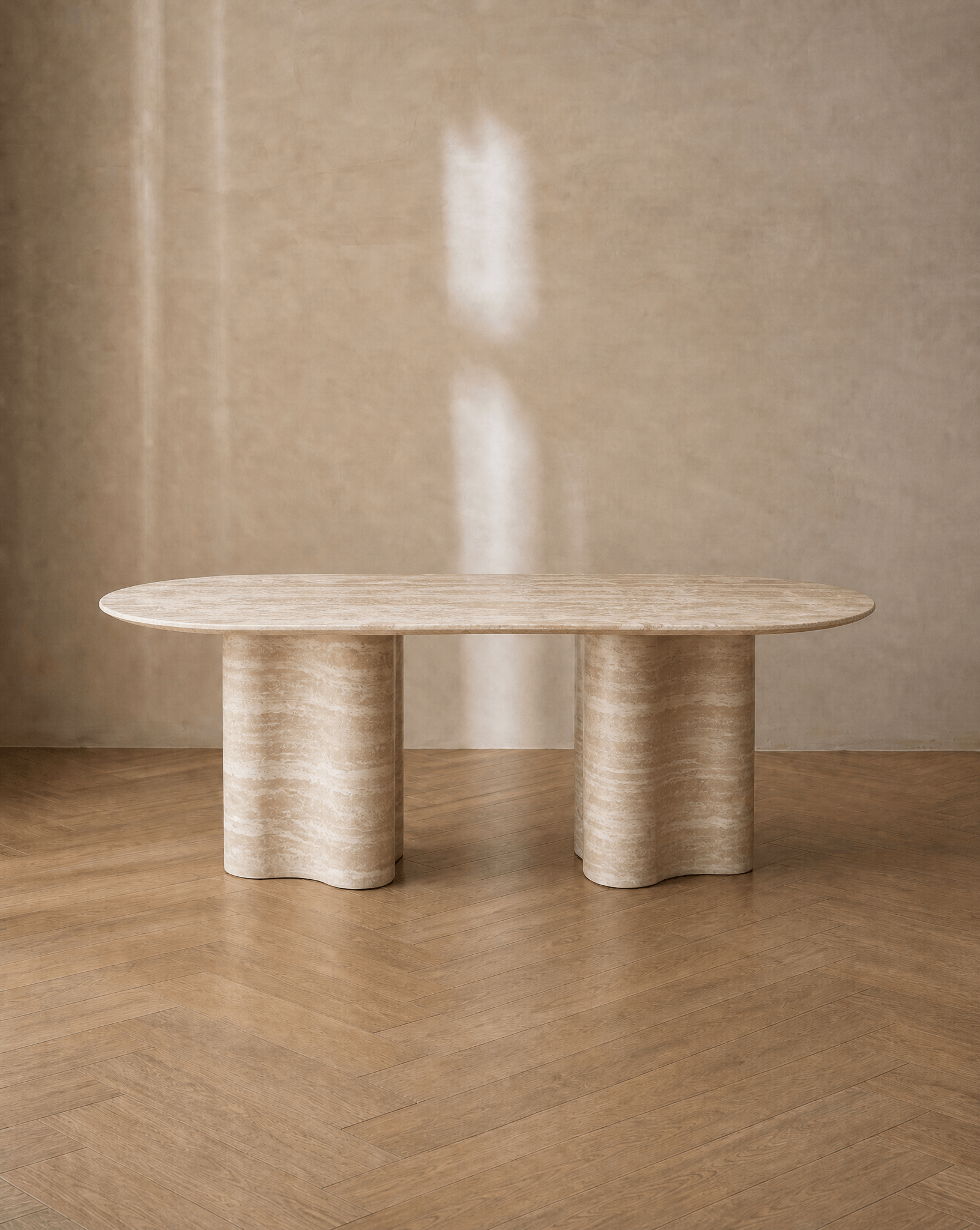 Ripple Dining Table travertine front view | Sculptural column base dining table | fform