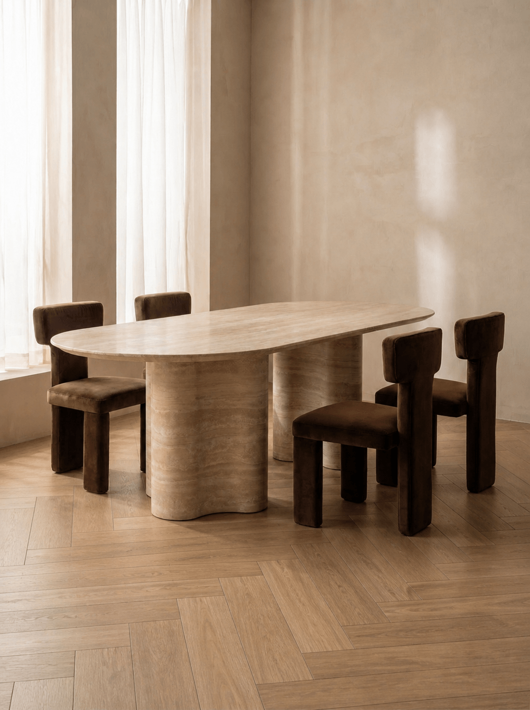 Ripple Travertine Dining Table styled in dining room | Made to order | fform Sydney