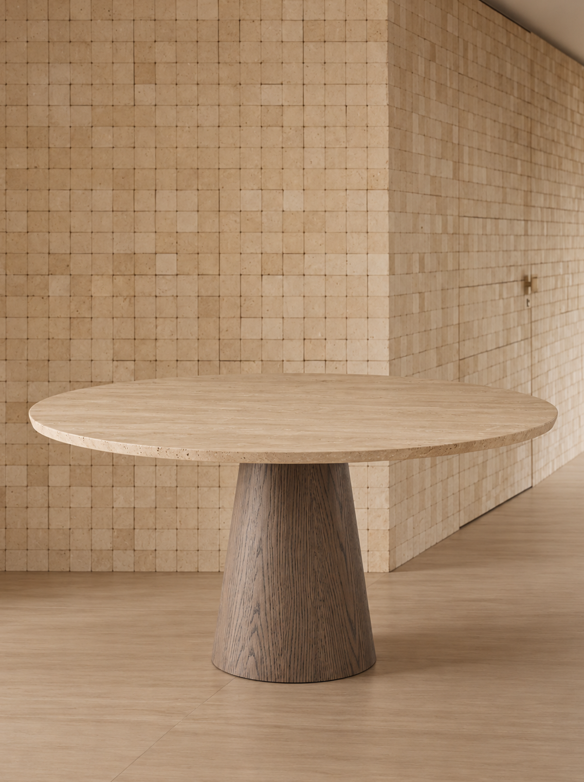 Alma Dining Table in Travertine Creama and Oak Dark, in situ