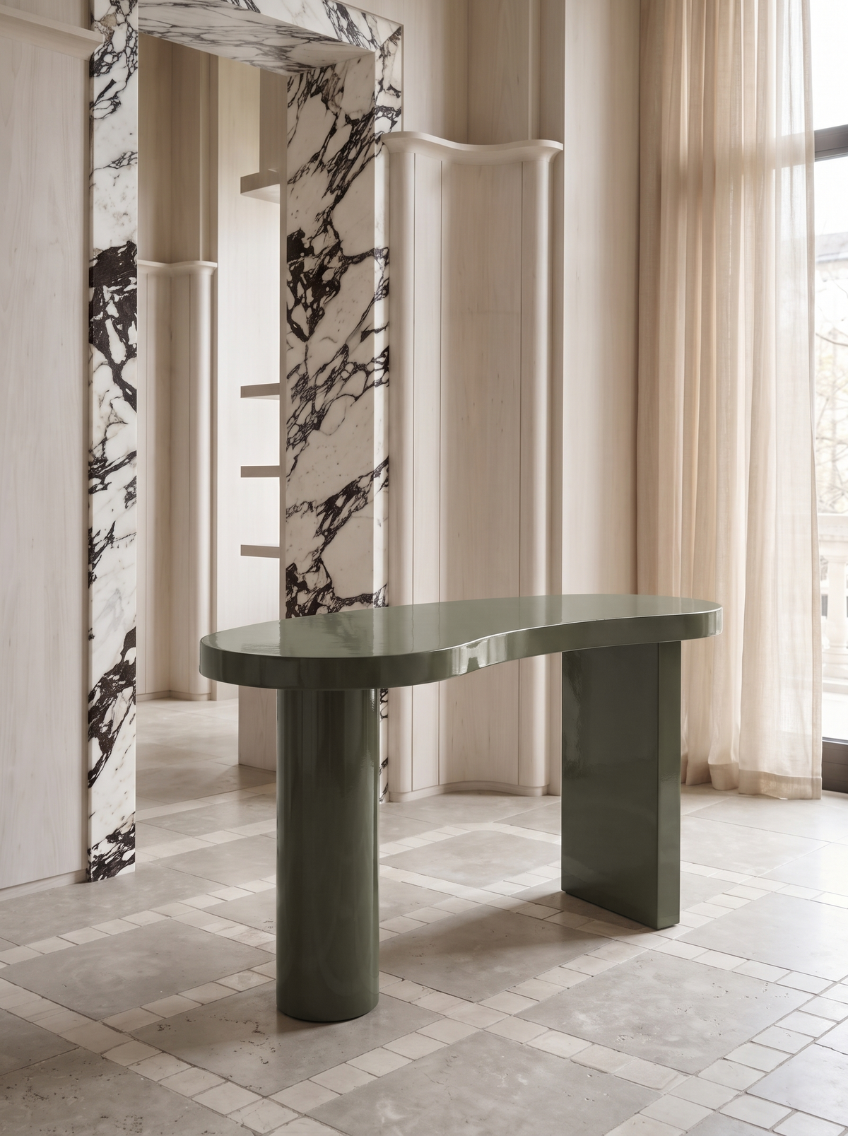 Bend Desk in 2PAC Gloss Moss, in situ
