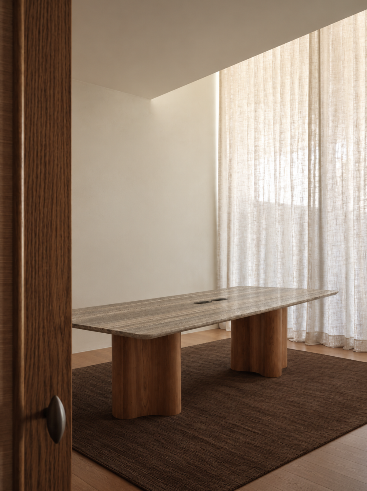Ribbon Boardroom Table in Silver Travertine with Walnut Natural, in situ