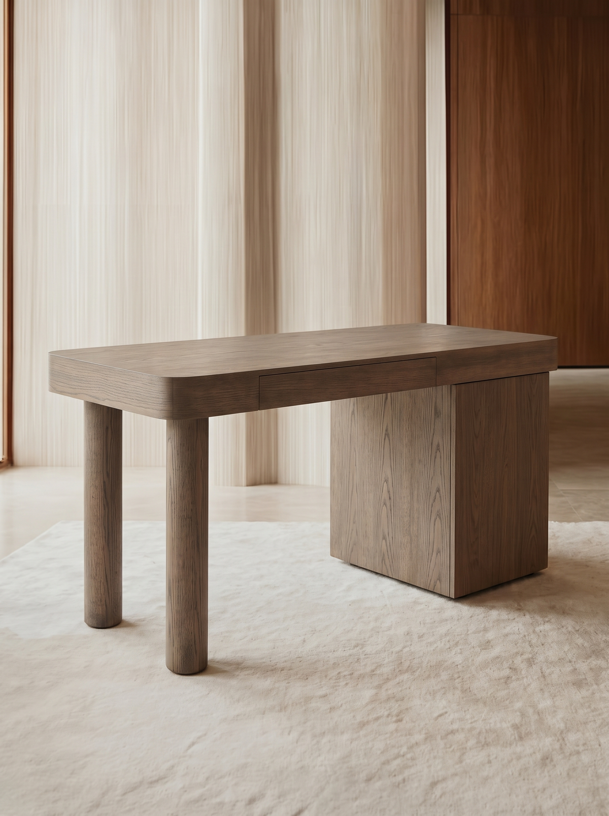 Facet Desk in Oak and Silver, in situ