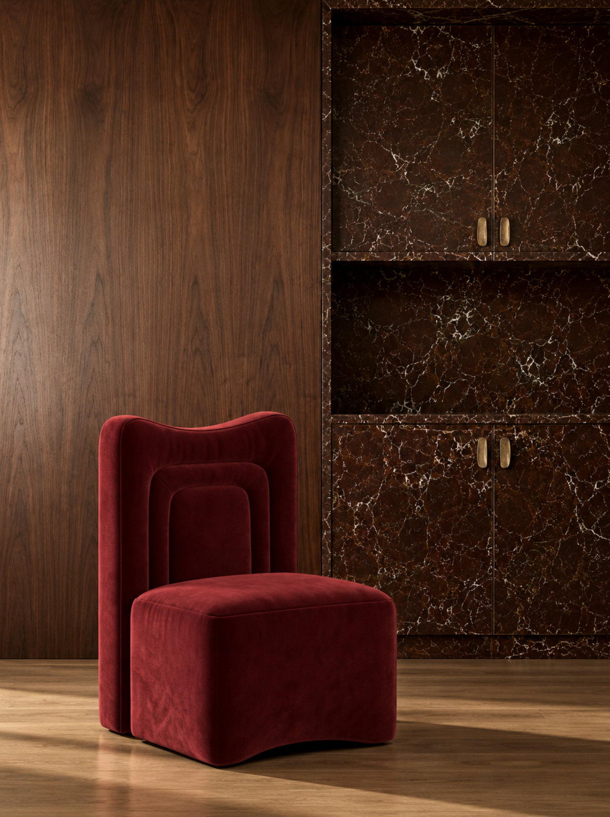 Tea Chair - Lustre Velvet Merlot, in situ