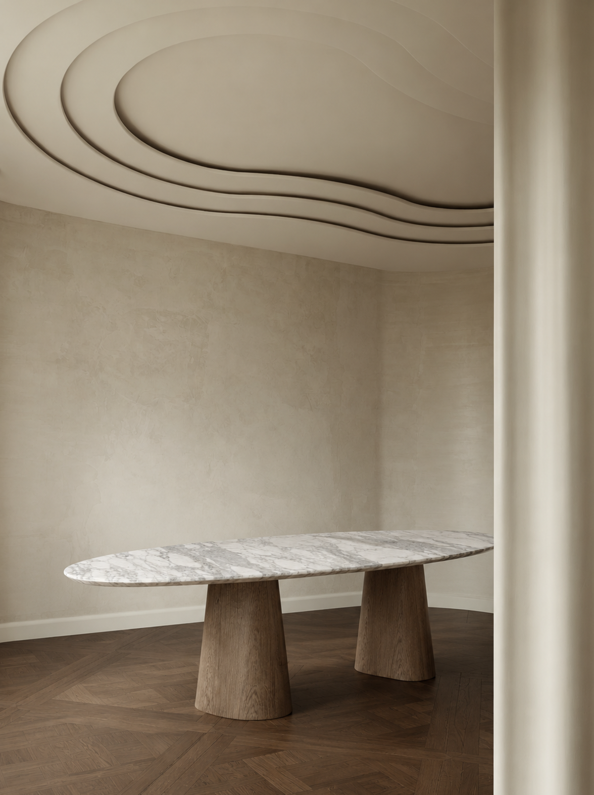 Duet Dining Table in Volakas with Oak Dark, in situ