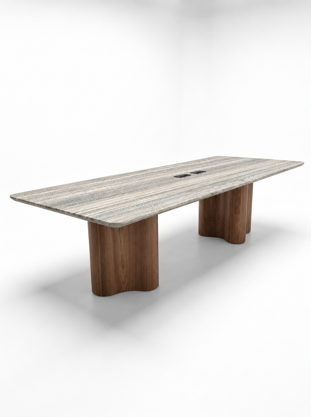 Ribbon Boardroom Table in Silver Travertine with Walnut Natural