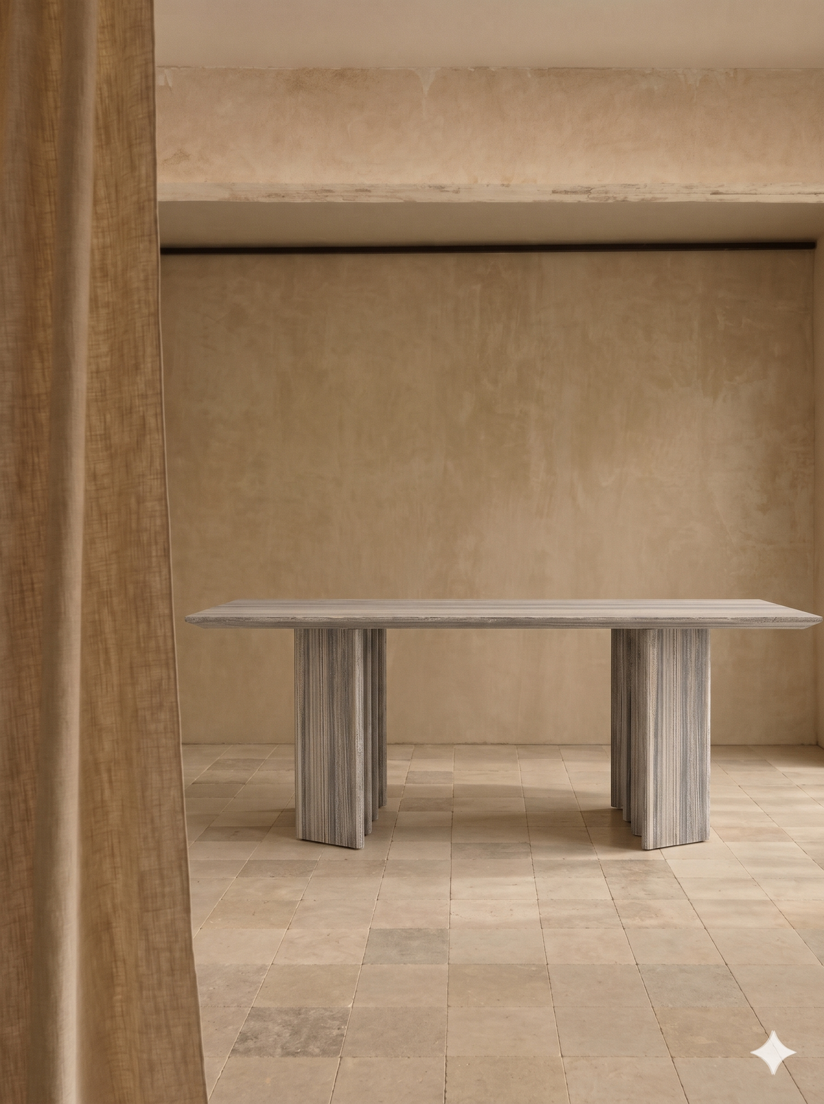 Ribbon Dining Table in Silver Travertine, in situ, second view