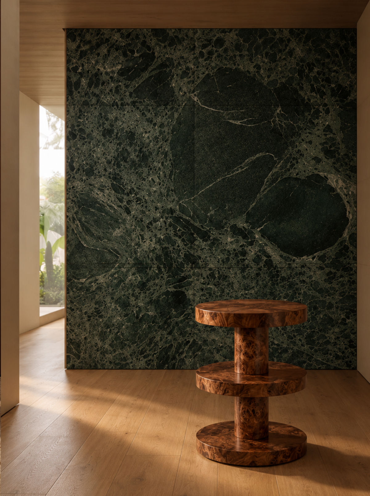 Spool Side Table in Dark Burlwood, in situ